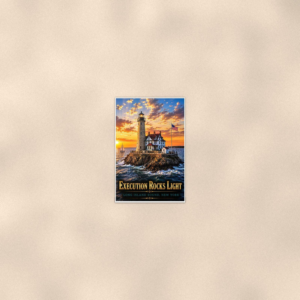 Execution Rocks Lighthouse — 24x36 in art print poster, premium luster paper with a white border; poster seen from further back, at true 24x36 in scale on a warm wall.