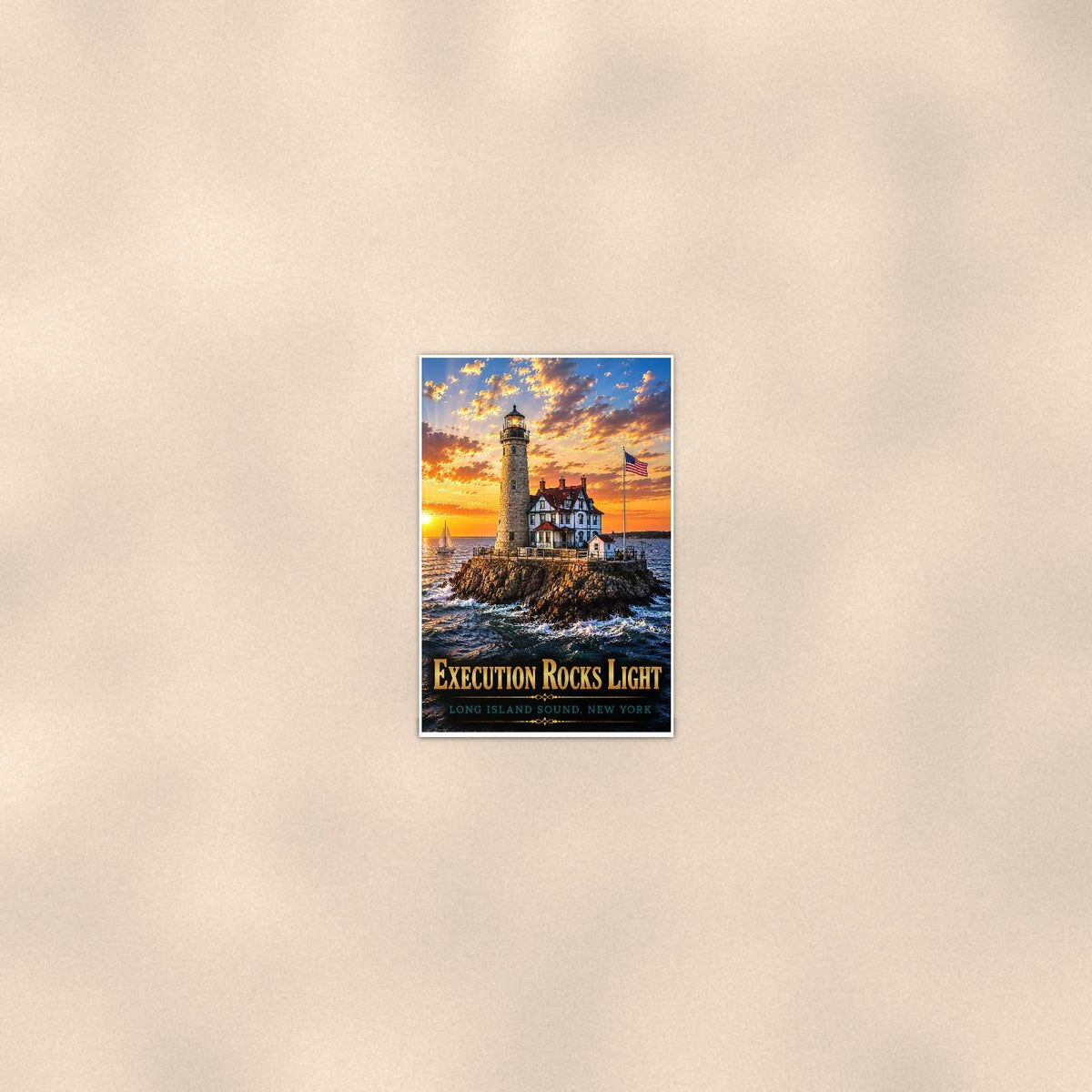 Execution Rocks Lighthouse — 24x36 in art print poster, premium luster paper with a white border; poster seen from further back, at true 24x36 in scale on a warm wall.