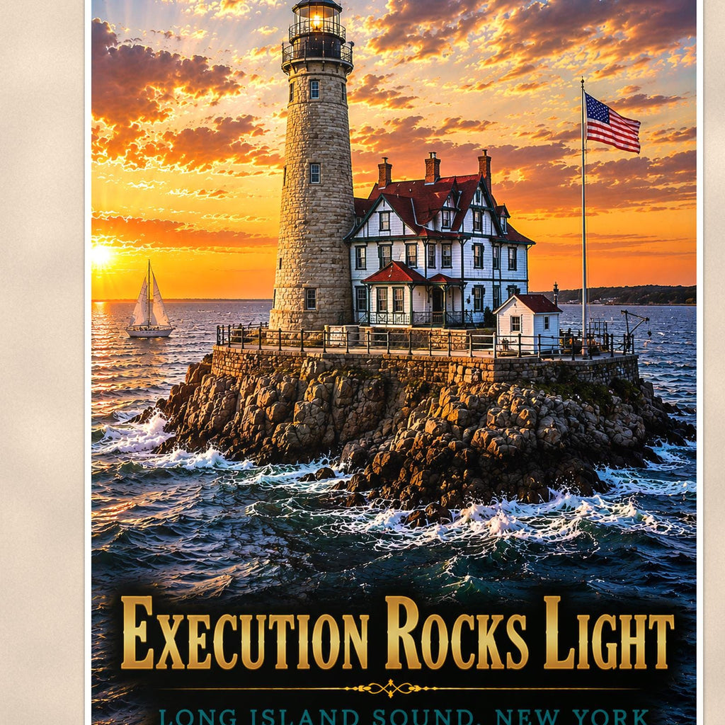 Execution Rocks Lighthouse — 24x36 in art print poster, premium luster paper with a white border; close-up framed on the main subject of the artwork, paper surface visible.