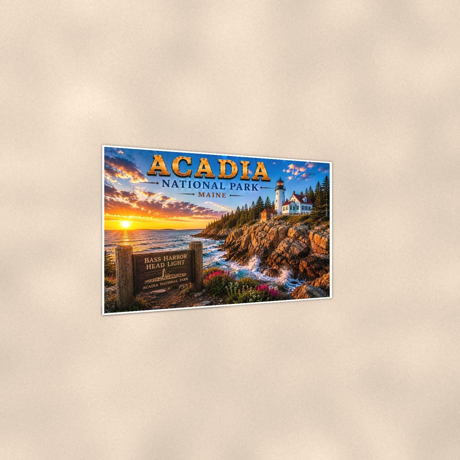 Acadia National Park Lighthouse — 36x24 in art print poster, premium luster paper with a white border; gentle three-quarter angle on a warm wall, showing the flat paper edge.