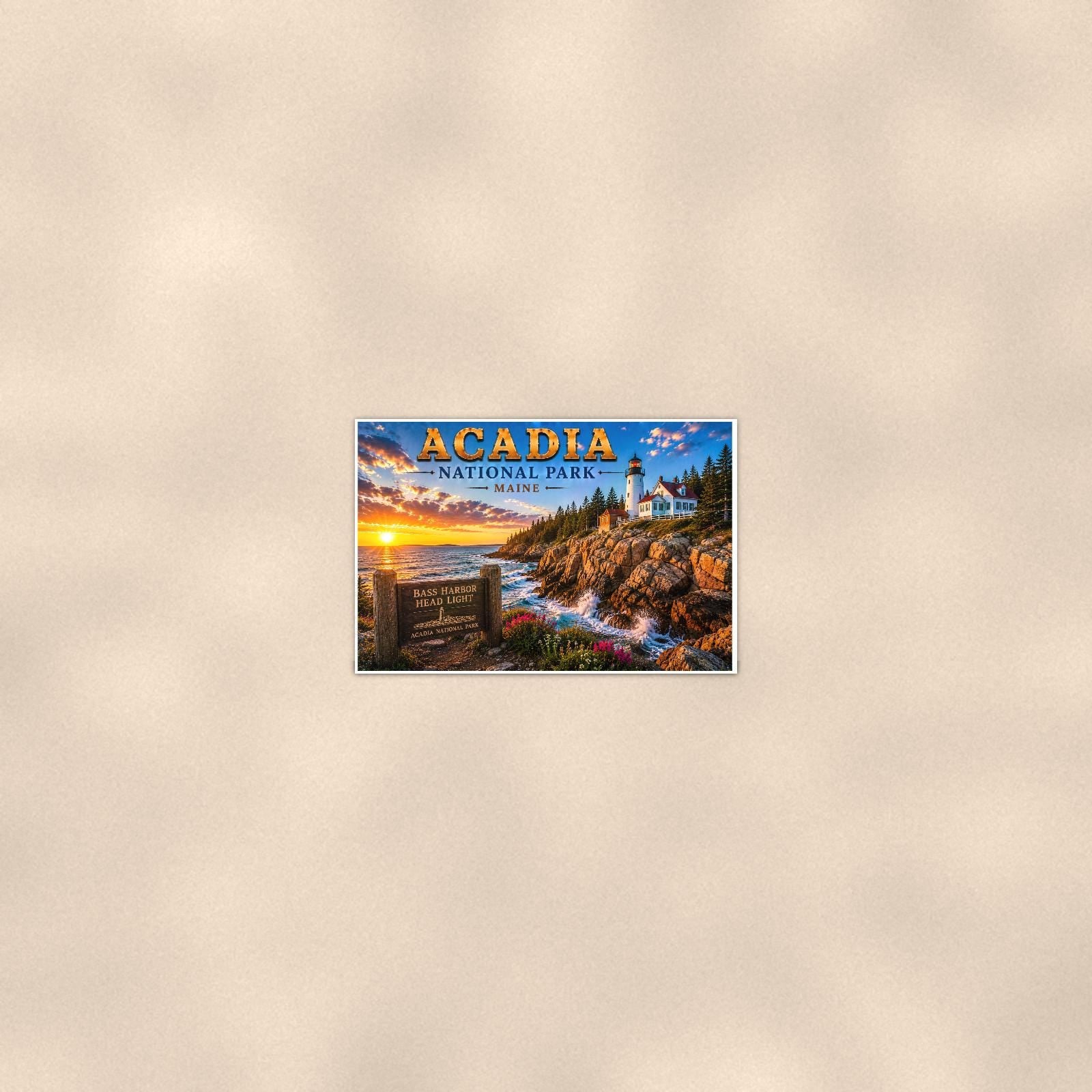 Acadia National Park Lighthouse — 36x24 in art print poster, premium luster paper with a white border; poster seen from further back, at true 24x36 in scale on a warm wall.