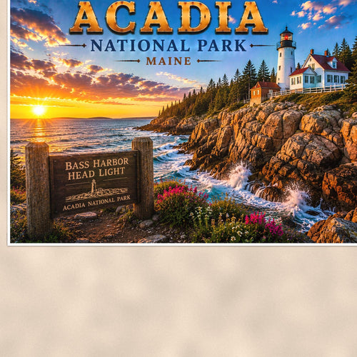 Acadia National Park Lighthouse — 36x24 in art print poster, premium luster paper with a white border; close-up framed on the main subject of the artwork, paper surface visible.