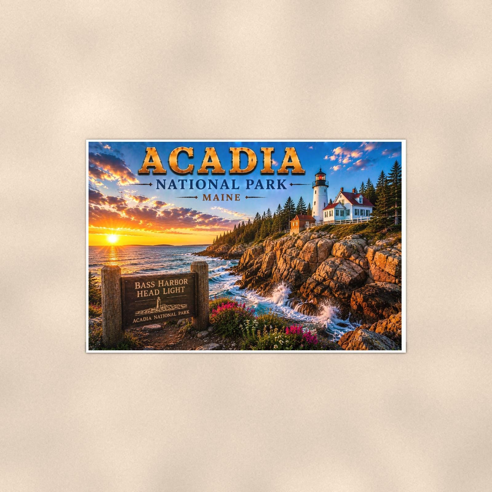 Acadia National Park Lighthouse — 36x24 in art print poster, premium luster paper with a white border; poster shown straight on against a warm wall.