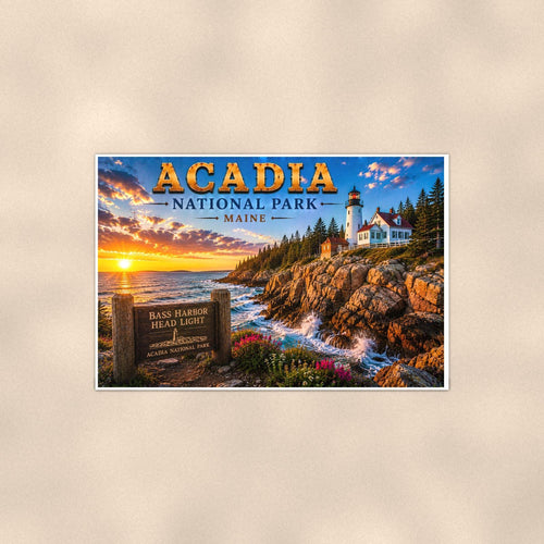 Acadia National Park Lighthouse — 36x24 in art print poster, premium luster paper with a white border; poster shown straight on against a warm wall.