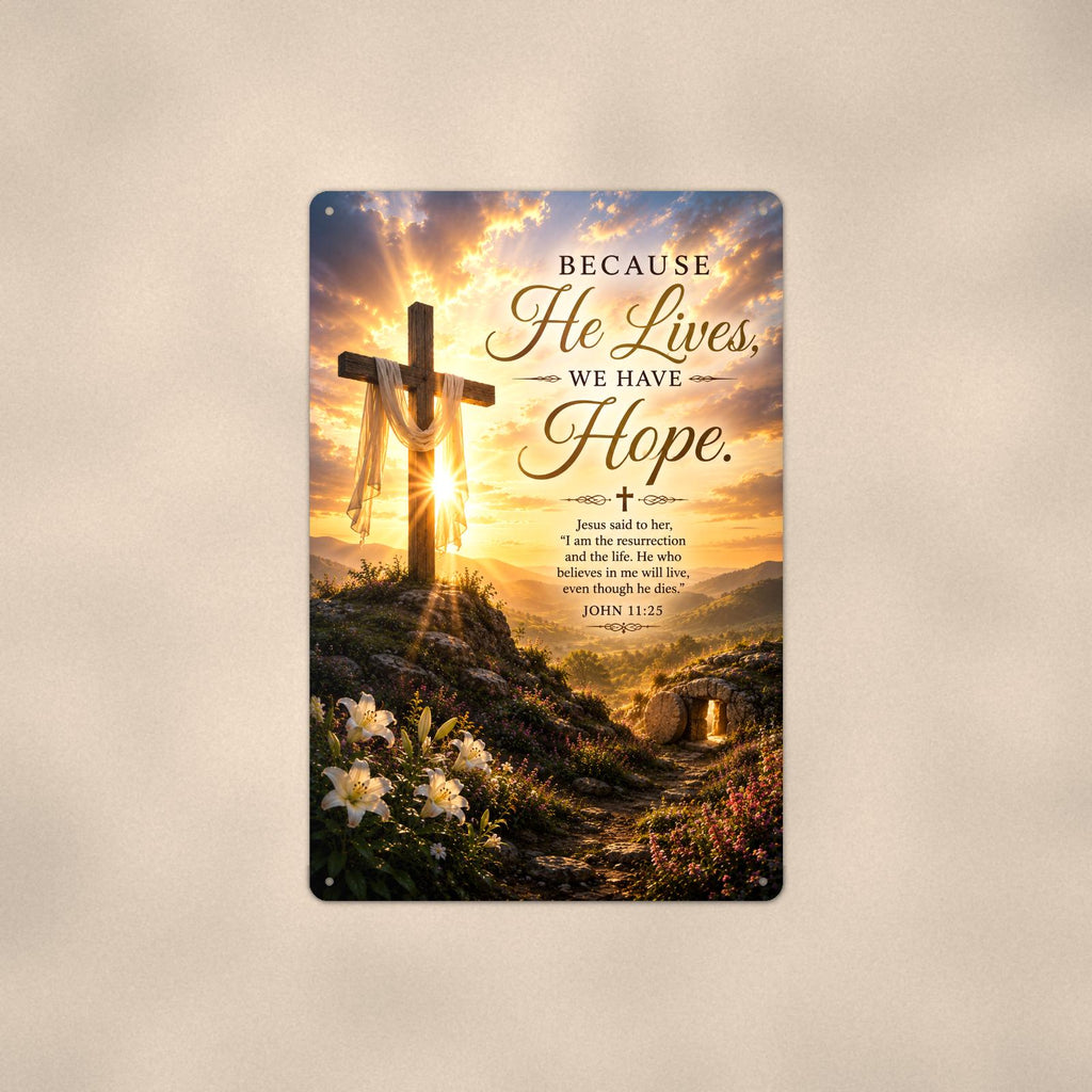 Wooden cross on a sunlit hilltop with the empty tomb memorial art titled "Because He Lives, We Have Hope" on a 8x12 inch sublimated aluminum sign with rounded corners and mounting holes, shown straight on against a warm neutral wall