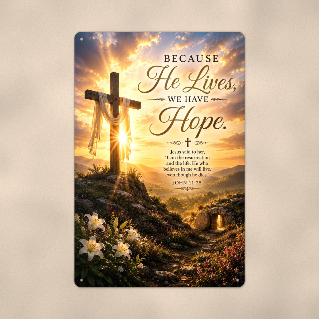 Wooden cross on a sunlit hilltop with the empty tomb memorial art titled "Because He Lives, We Have Hope" on a 8x12 inch sublimated aluminum sign with rounded corners and mounting holes, close-up view filling the frame, showing the smooth sublimated 
