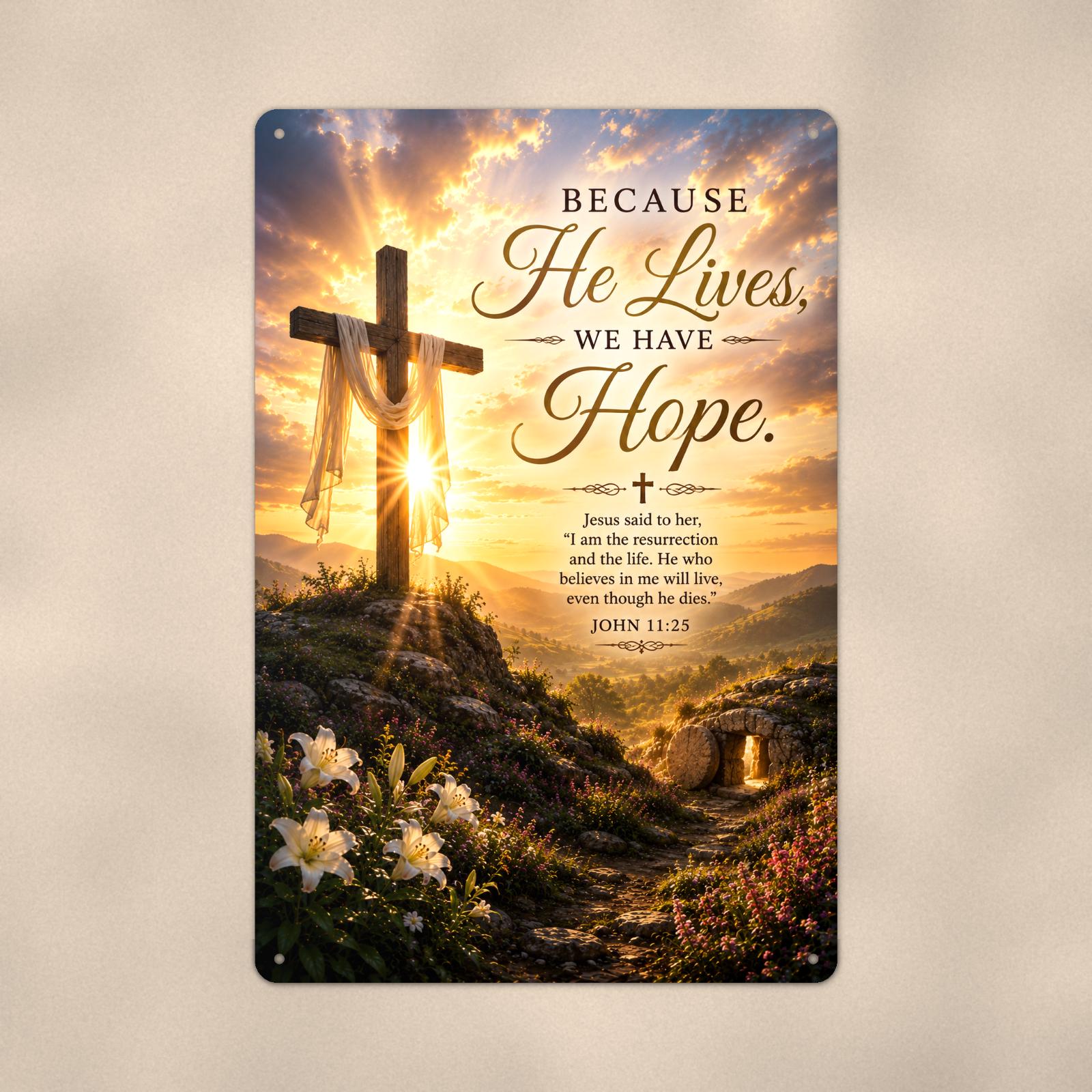 Wooden cross on a sunlit hilltop with the empty tomb memorial art titled "Because He Lives, We Have Hope" on a 8x12 inch sublimated aluminum sign with rounded corners and mounting holes, close-up view filling the frame, showing the smooth sublimated 