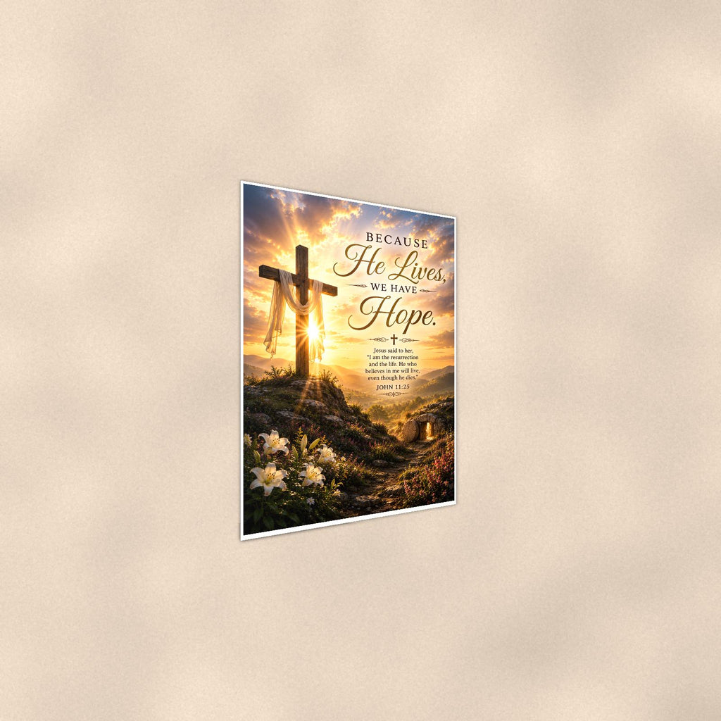 Wooden cross on a sunlit hilltop with the empty tomb memorial art titled "Because He Lives, We Have Hope" on a 24x36 inch luster poster print with a clean white border, shown at a gentle angle from the other side