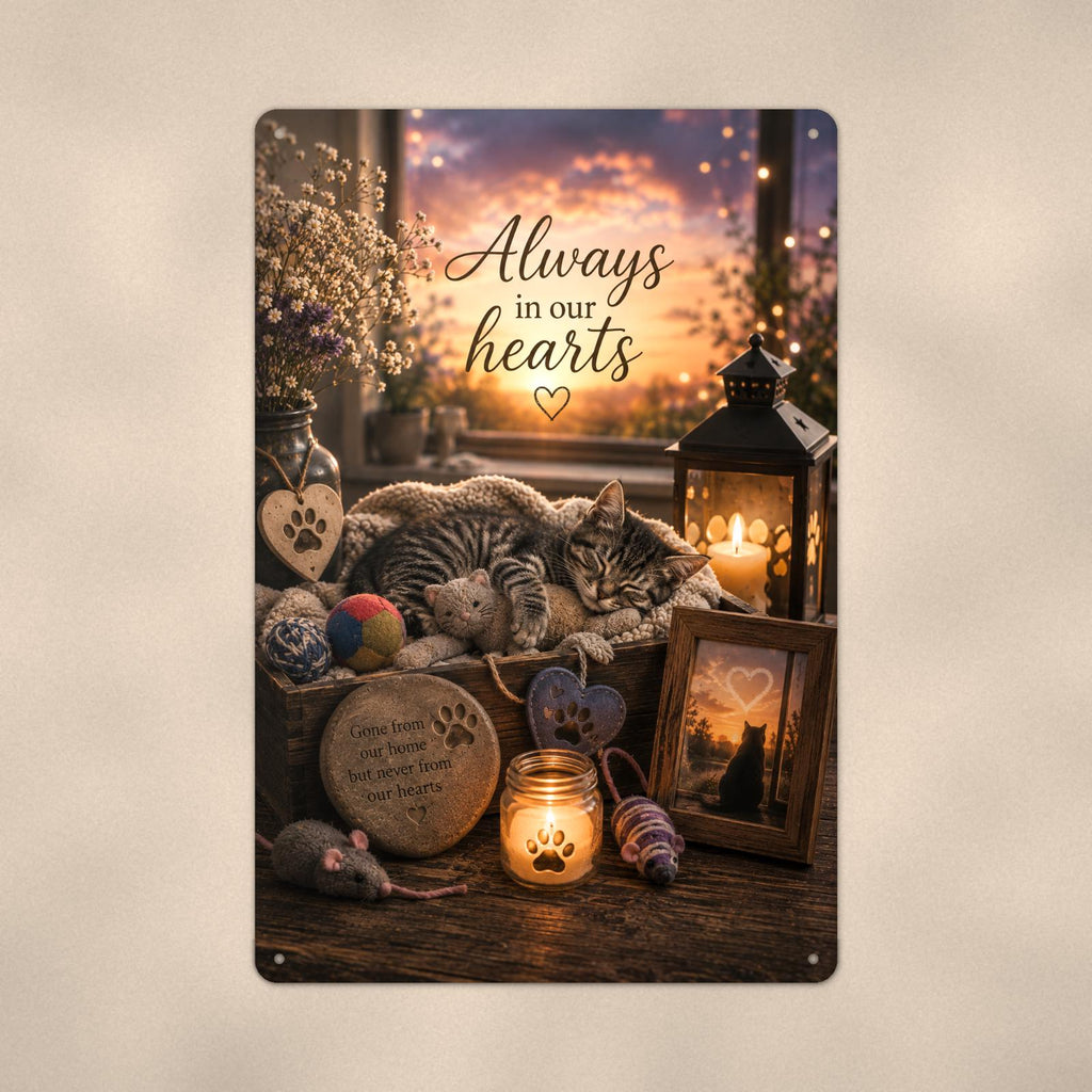 Sleeping tabby kitten memorial still life memorial art titled "Always in our hearts" on a 8x12 inch sublimated aluminum sign with rounded corners and mounting holes, close-up view filling the frame, showing the smooth sublimated print surface