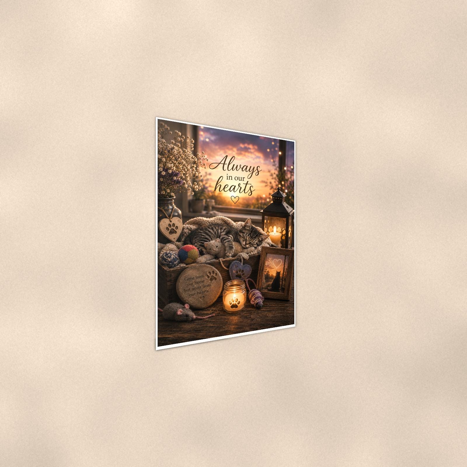 Sleeping tabby kitten memorial still life memorial art titled "Always in our hearts" on a 24x36 inch luster poster print with a clean white border, shown at a gentle angle from the other side