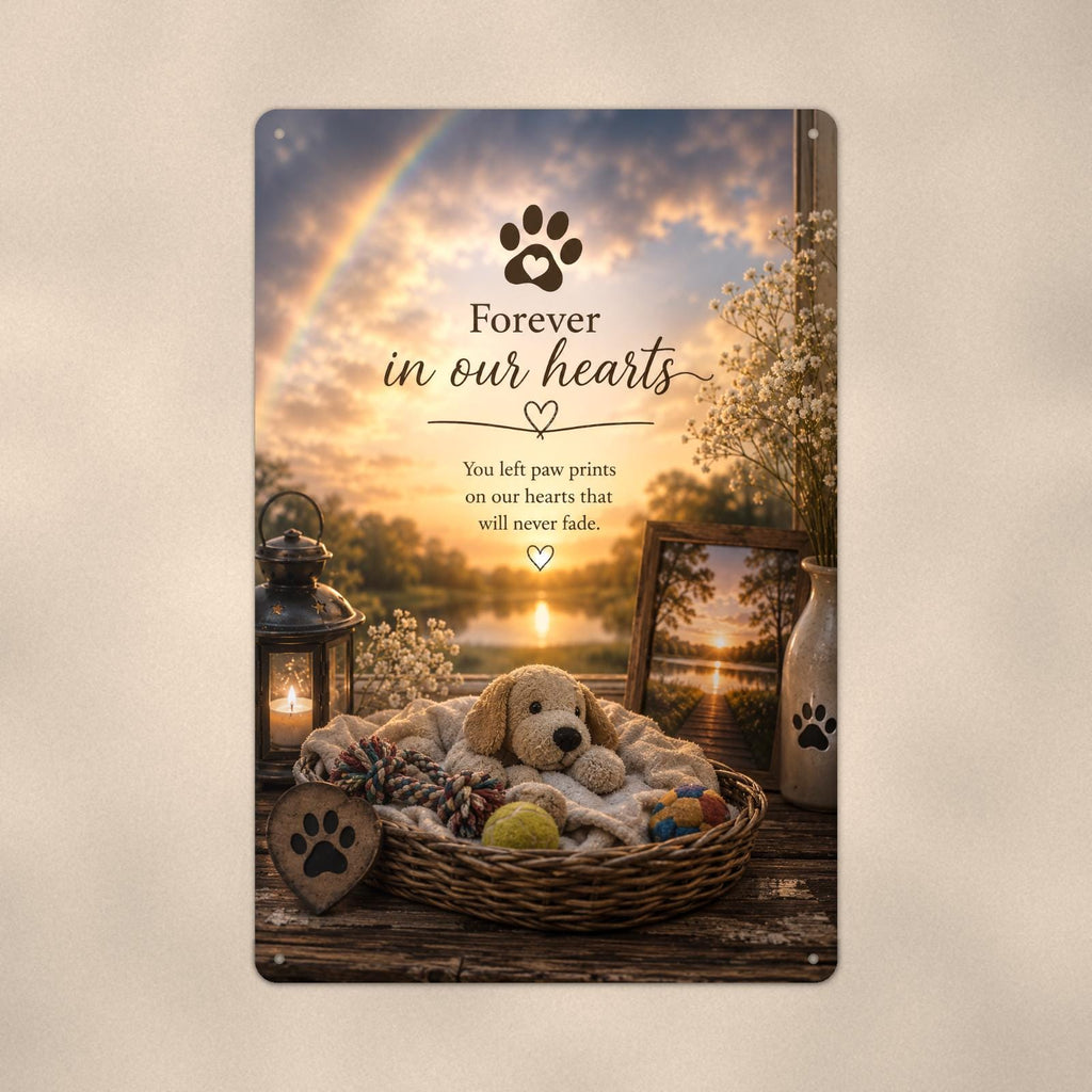 Puppy dog bed under a rainbow memorial art titled "Forever in our hearts" on a 8x12 inch sublimated aluminum sign with rounded corners and mounting holes, close-up view filling the frame, showing the smooth sublimated print surface