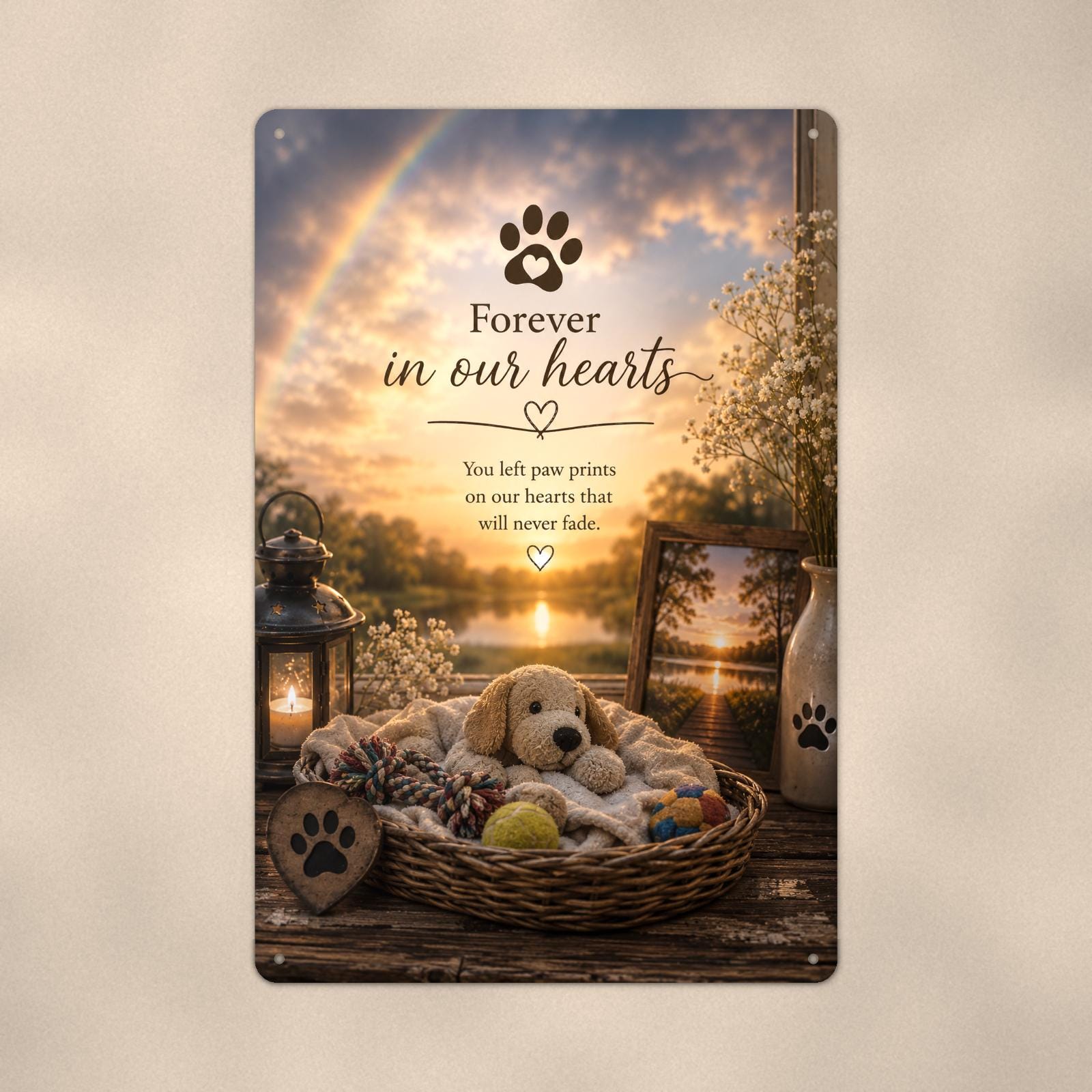 Puppy dog bed under a rainbow memorial art titled "Forever in our hearts" on a 8x12 inch sublimated aluminum sign with rounded corners and mounting holes, close-up view filling the frame, showing the smooth sublimated print surface