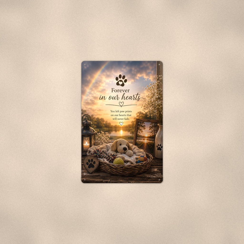 Puppy dog bed under a rainbow memorial art titled "Forever in our hearts" on a 8x12 inch sublimated aluminum sign with rounded corners and mounting holes, shown at mid-distance centered on a warm wall