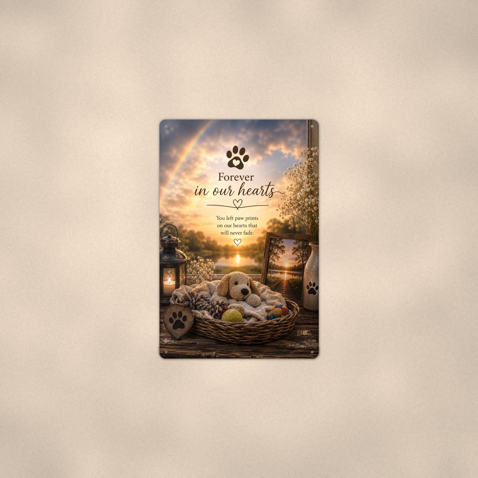 Puppy dog bed under a rainbow memorial art titled "Forever in our hearts" on a 8x12 inch sublimated aluminum sign with rounded corners and mounting holes, shown at mid-distance centered on a warm wall
