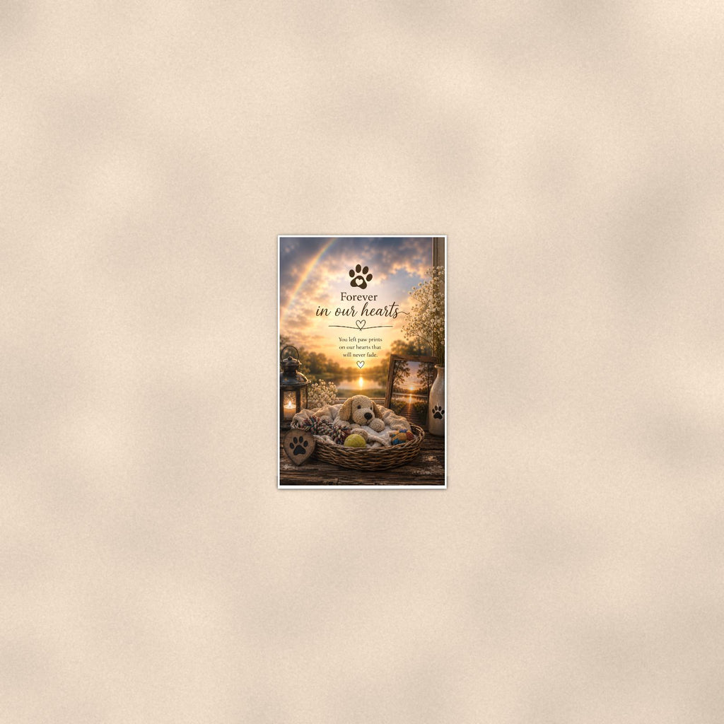 Puppy dog bed under a rainbow memorial art titled "Forever in our hearts" on a 24x36 inch luster poster print with a clean white border, seen from farther back, small on a softly lit wall