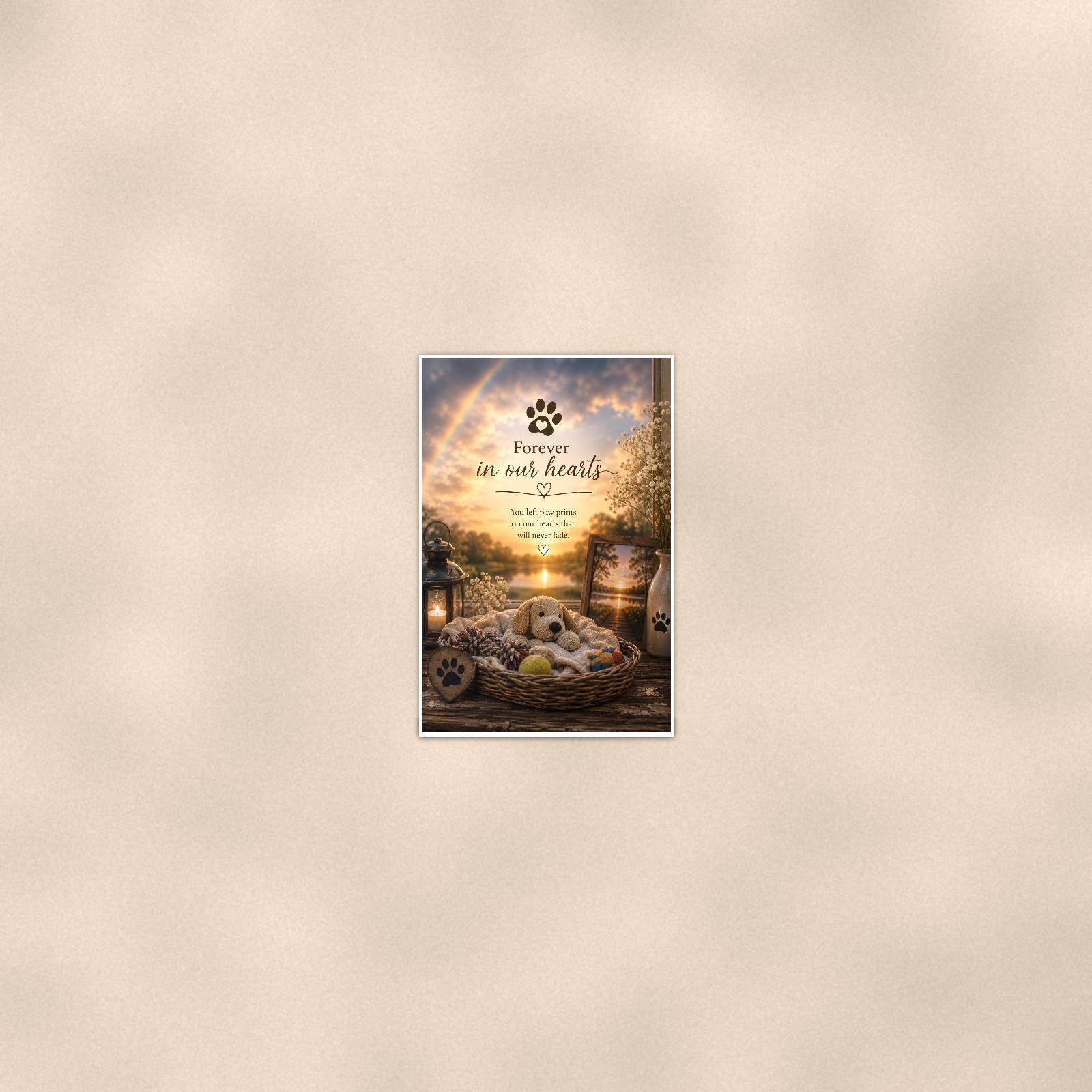 Puppy dog bed under a rainbow memorial art titled "Forever in our hearts" on a 24x36 inch luster poster print with a clean white border, seen from farther back, small on a softly lit wall