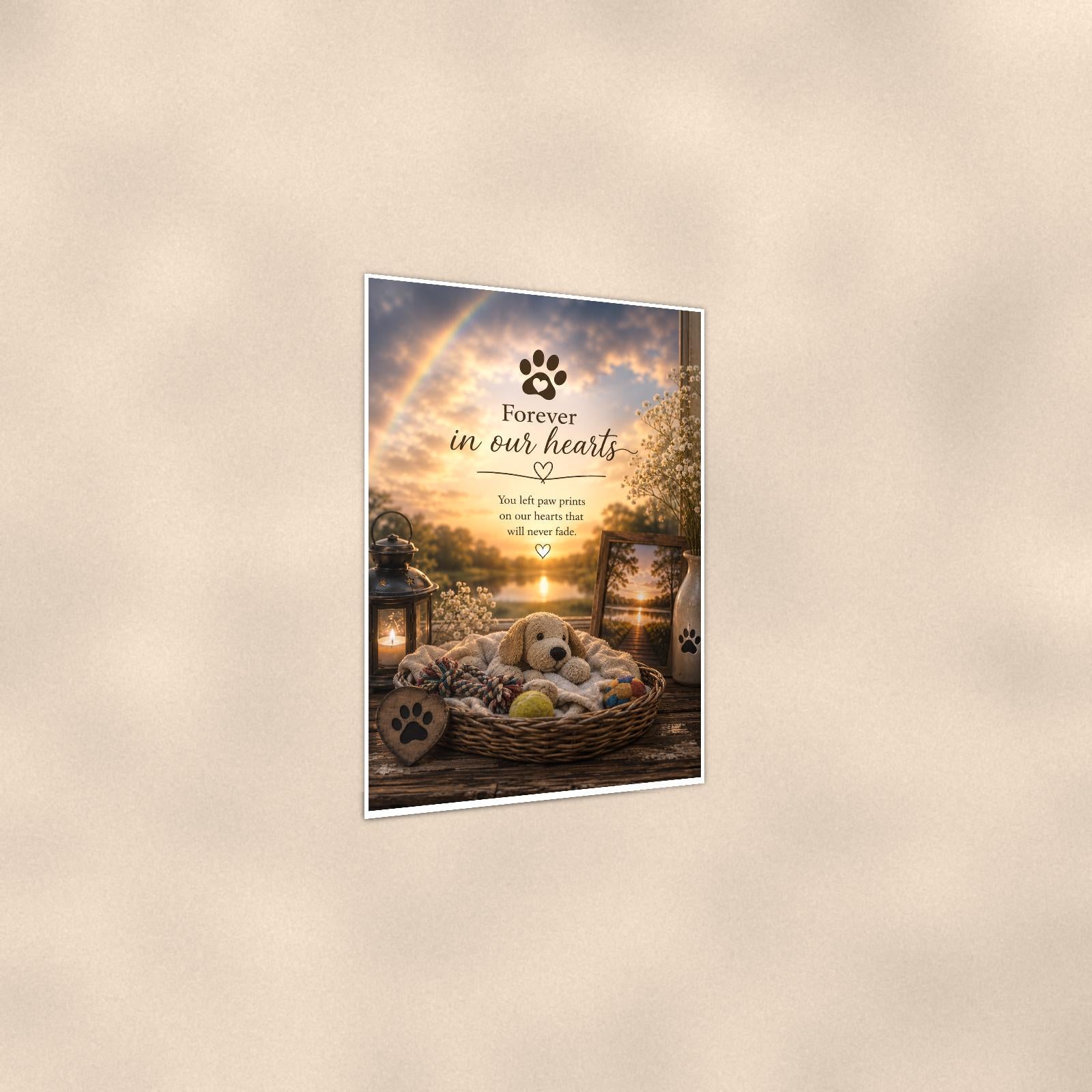 Puppy dog bed under a rainbow memorial art titled "Forever in our hearts" on a 24x36 inch luster poster print with a clean white border, shown at a three-quarter angle on the wall