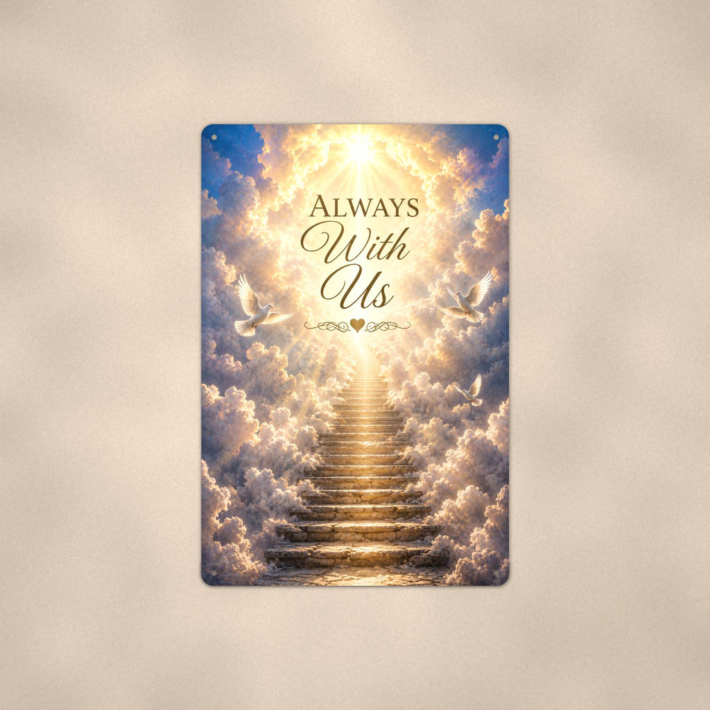 Stairway to heaven with white doves memorial art titled "Always With Us" on a 8x12 inch sublimated aluminum sign with rounded corners and mounting holes, shown straight on against a warm neutral wall