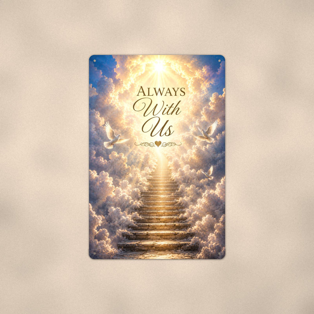 Stairway to heaven with white doves memorial art titled "Always With Us" on a 8x12 inch sublimated aluminum sign with rounded corners and mounting holes, shown straight on against a second warm wall tone
