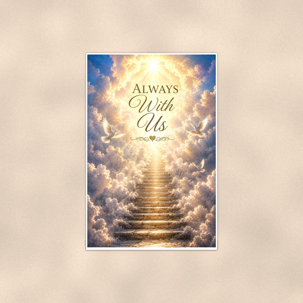 Stairway to heaven with white doves memorial art titled "Always With Us" on a 24x36 inch luster poster print with a clean white border, shown straight on against a warm neutral wall