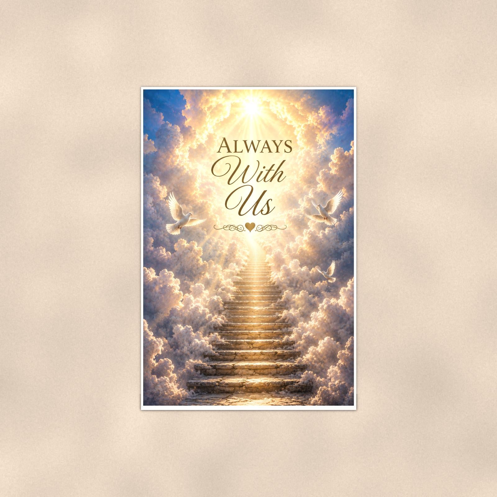 Stairway to heaven with white doves memorial art titled "Always With Us" on a 24x36 inch luster poster print with a clean white border, shown straight on against a warm neutral wall
