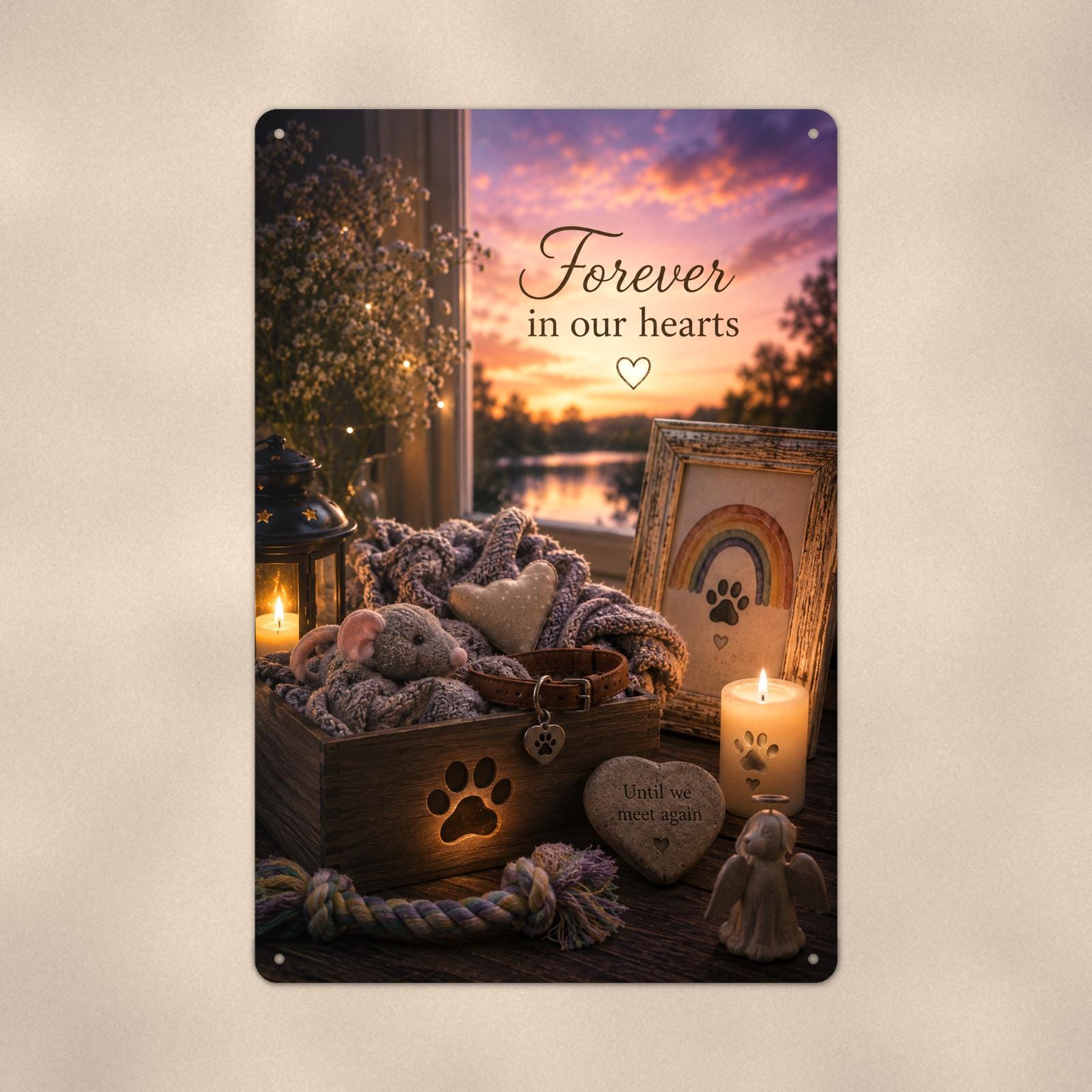 Pet keepsake box with collar under a rainbow memorial art titled "Forever in our hearts" on a 8x12 inch sublimated aluminum sign with rounded corners and mounting holes, close-up view filling the frame, showing the smooth sublimated print surface