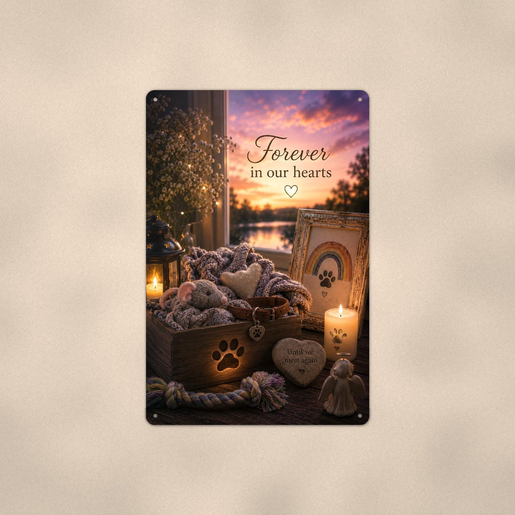 Pet keepsake box with collar under a rainbow memorial art titled "Forever in our hearts" on a 8x12 inch sublimated aluminum sign with rounded corners and mounting holes, shown straight on against a second warm wall tone