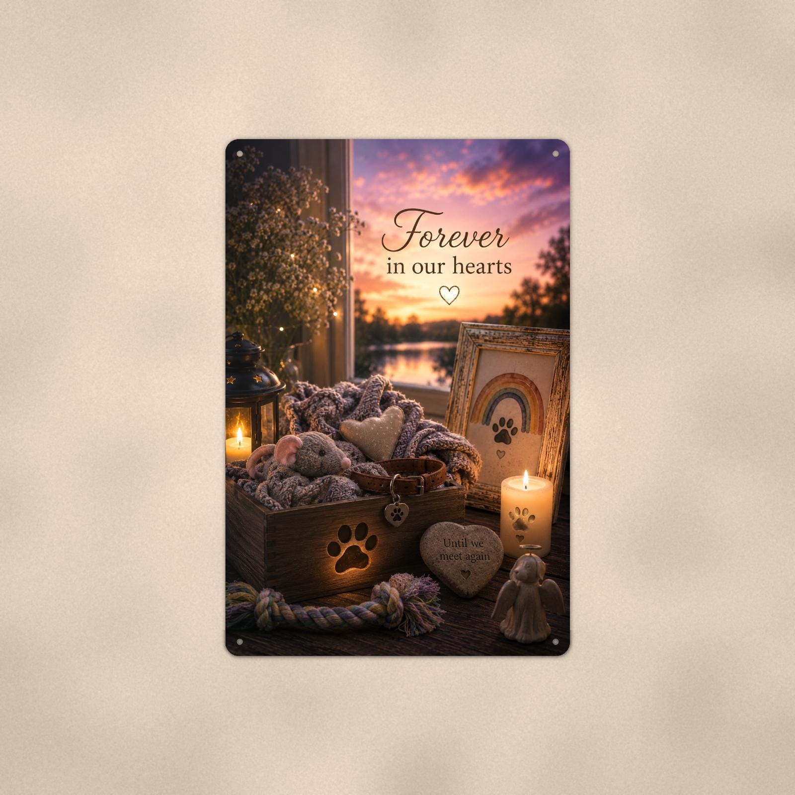 Pet keepsake box with collar under a rainbow memorial art titled "Forever in our hearts" on a 8x12 inch sublimated aluminum sign with rounded corners and mounting holes, shown straight on against a second warm wall tone