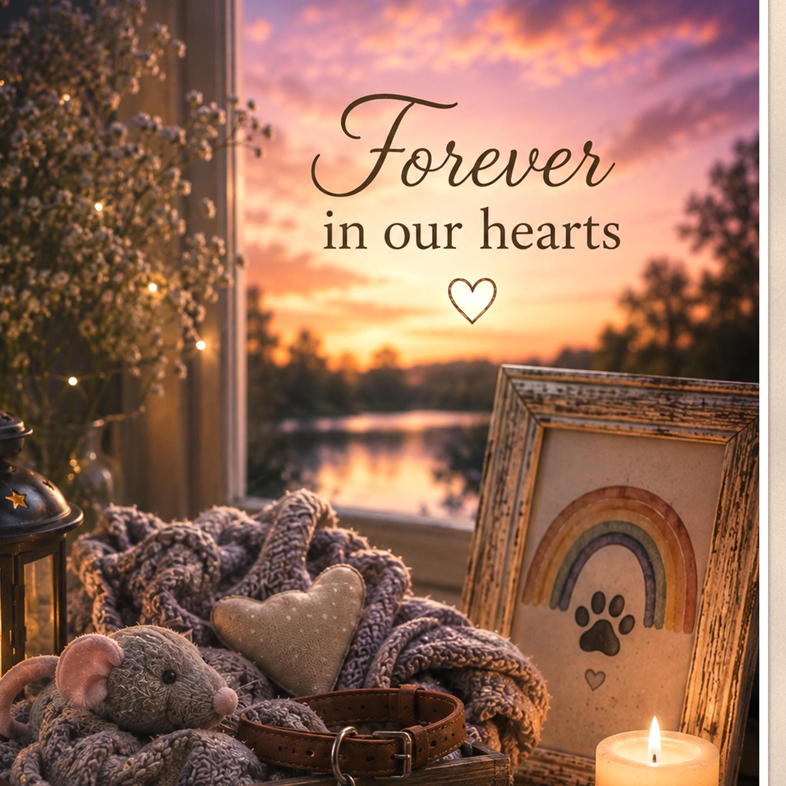 Pet keepsake box with collar under a rainbow memorial art titled "Forever in our hearts" on a 24x36 inch luster poster print with a clean white border, close-up detail of the print filling the frame