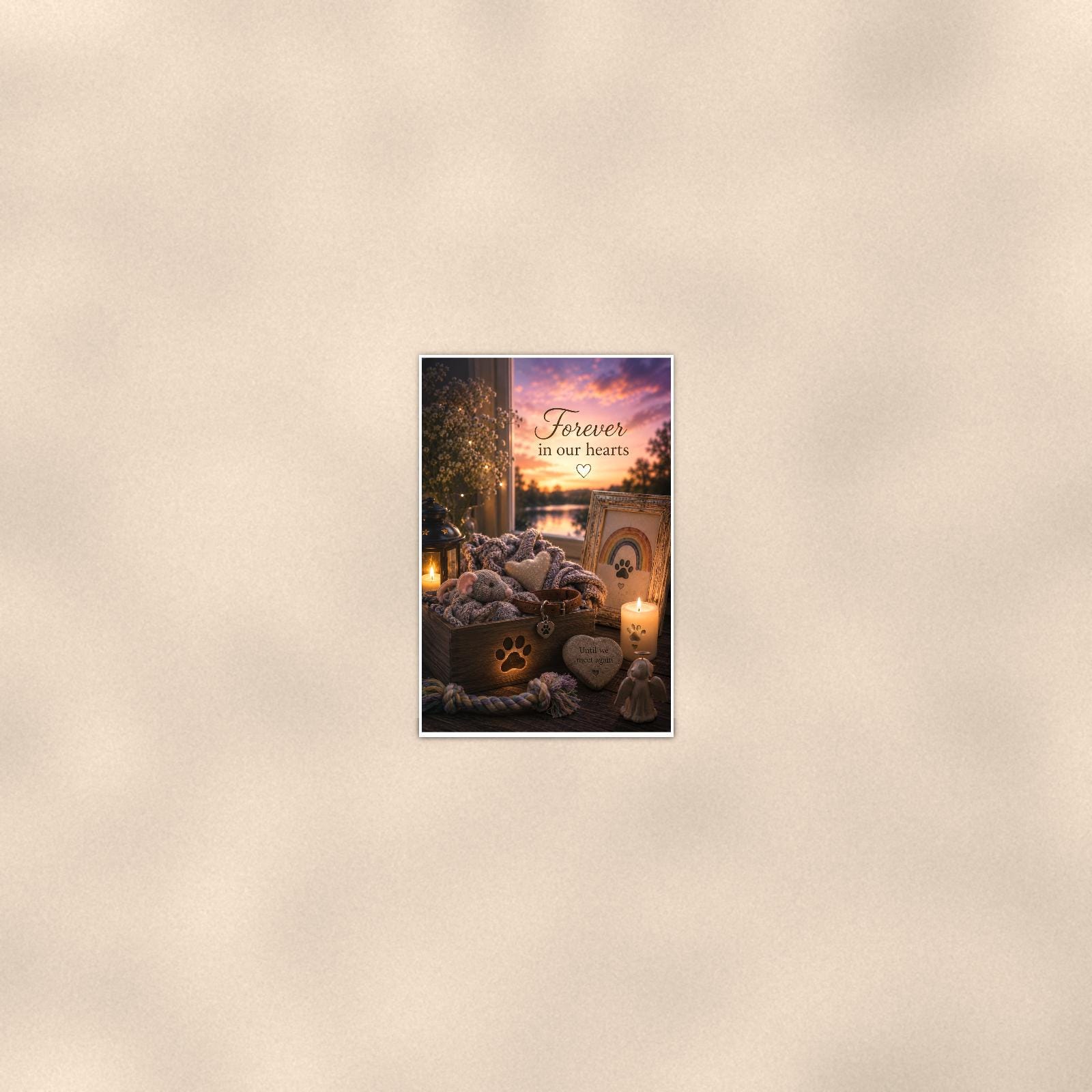 Pet keepsake box with collar under a rainbow memorial art titled "Forever in our hearts" on a 24x36 inch luster poster print with a clean white border, seen from farther back, small on a softly lit wall