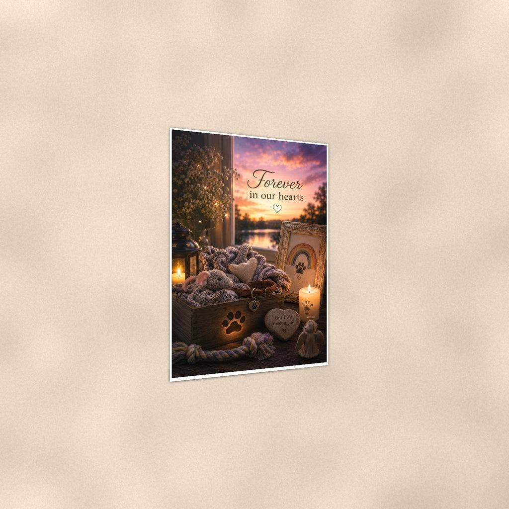 Pet keepsake box with collar under a rainbow memorial art titled "Forever in our hearts" on a 24x36 inch luster poster print with a clean white border, shown at a three-quarter angle on the wall