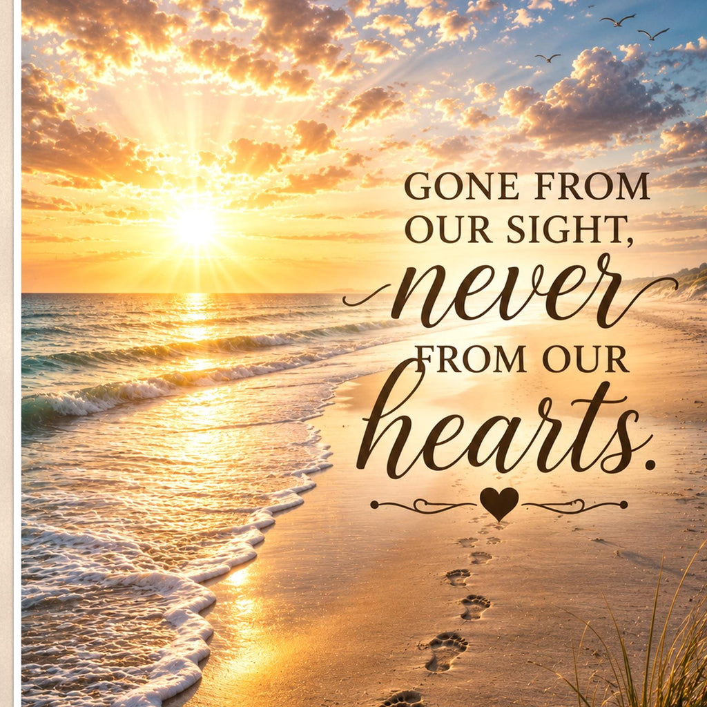 Footprints in the sand at sunset memorial art titled "Gone from our sight, never from our hearts" on a 24x36 inch luster poster print with a clean white border, close-up detail of the print filling the frame