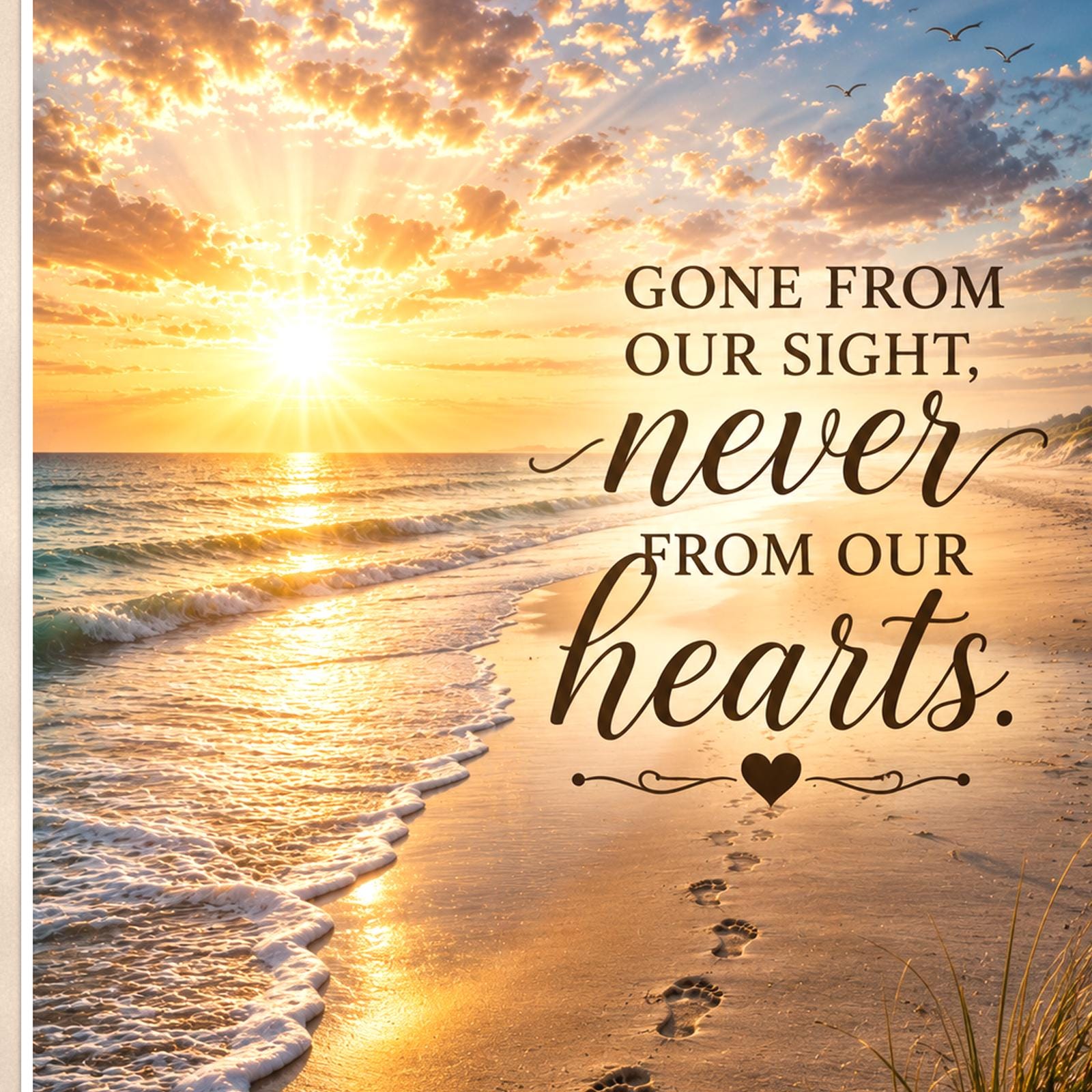 Footprints in the sand at sunset memorial art titled "Gone from our sight, never from our hearts" on a 24x36 inch luster poster print with a clean white border, close-up detail of the print filling the frame