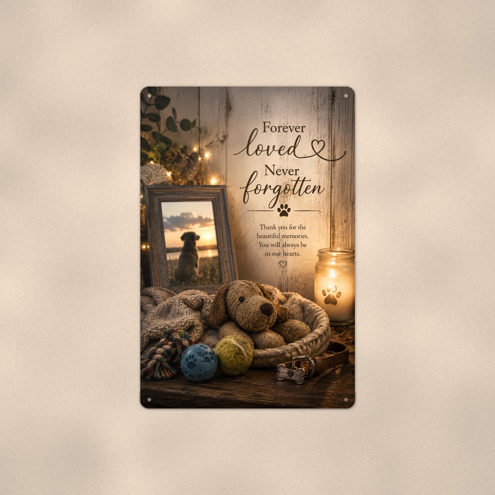 Dog memorial still life with framed photo memorial art titled "Forever loved. Never forgotten" on a 8x12 inch sublimated aluminum sign with rounded corners and mounting holes, shown straight on against a warm neutral wall