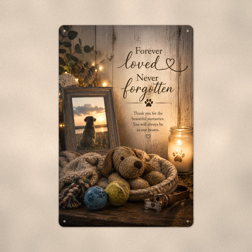 Dog memorial still life with framed photo memorial art titled "Forever loved. Never forgotten" on a 8x12 inch sublimated aluminum sign with rounded corners and mounting holes, close-up view filling the frame, showing the smooth sublimated print surfa