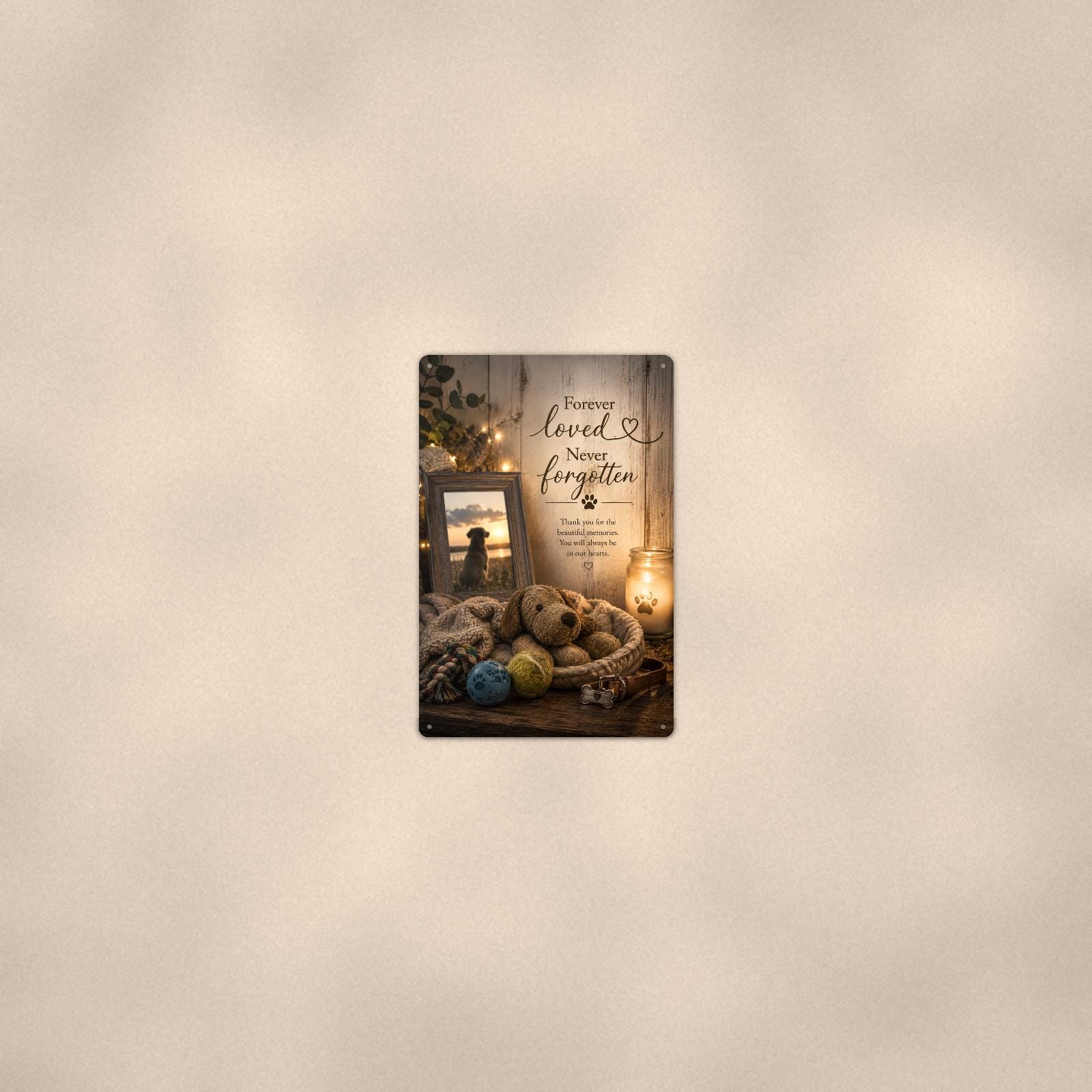 Dog memorial still life with framed photo memorial art titled "Forever loved. Never forgotten" on a 8x12 inch sublimated aluminum sign with rounded corners and mounting holes, seen from farther back, small on a softly lit wall