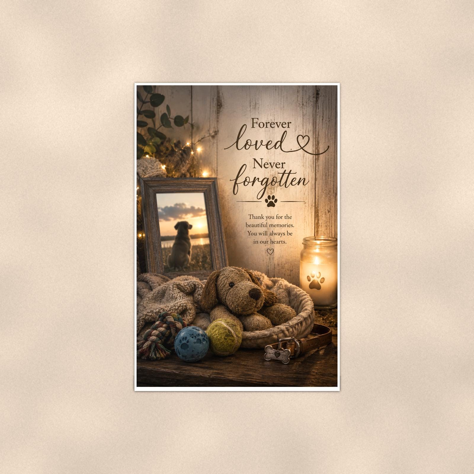 Dog memorial still life with framed photo memorial art titled "Forever loved. Never forgotten" on a 24x36 inch luster poster print with a clean white border, shown straight on against a warm neutral wall
