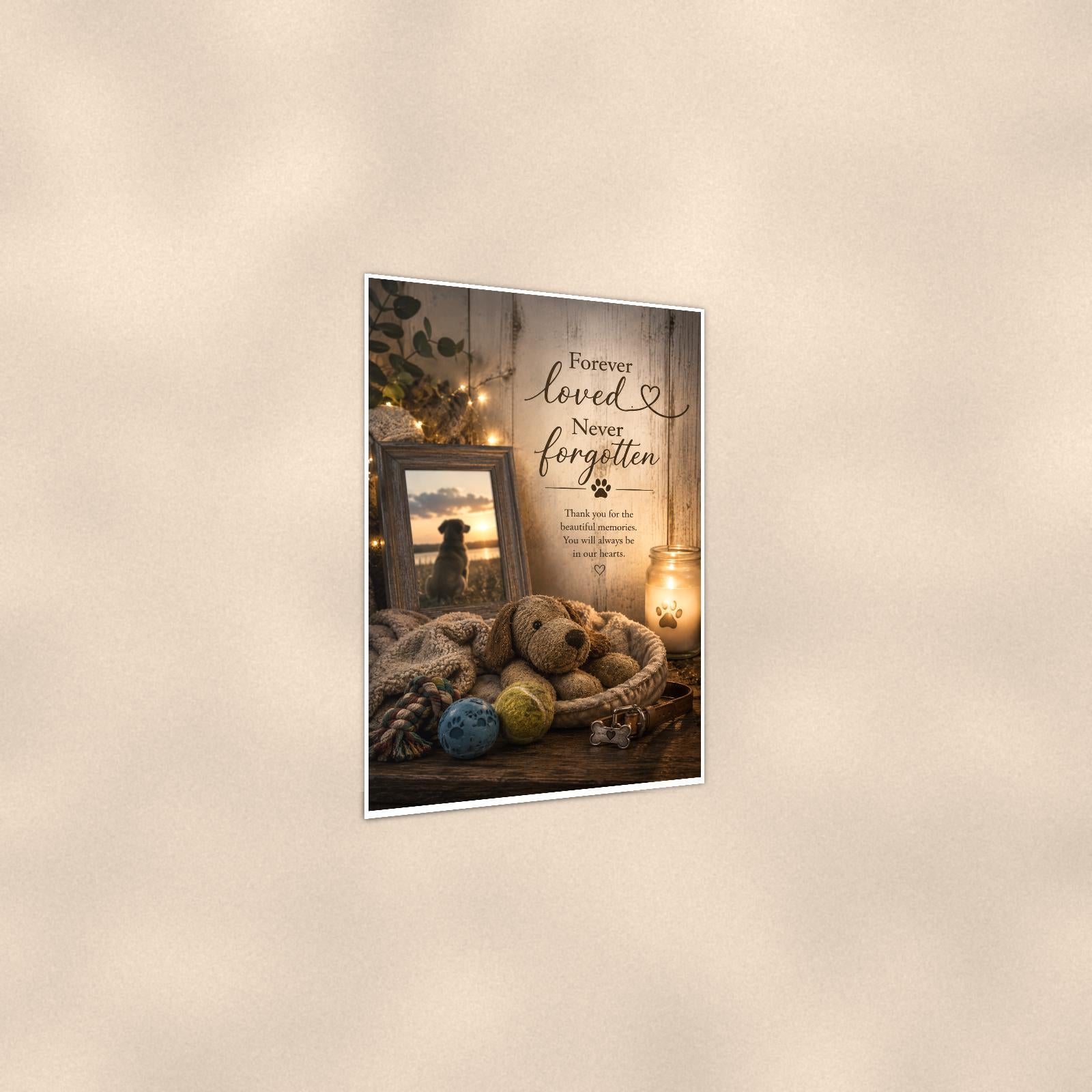 Dog memorial still life with framed photo memorial art titled "Forever loved. Never forgotten" on a 24x36 inch luster poster print with a clean white border, shown at a three-quarter angle on the wall
