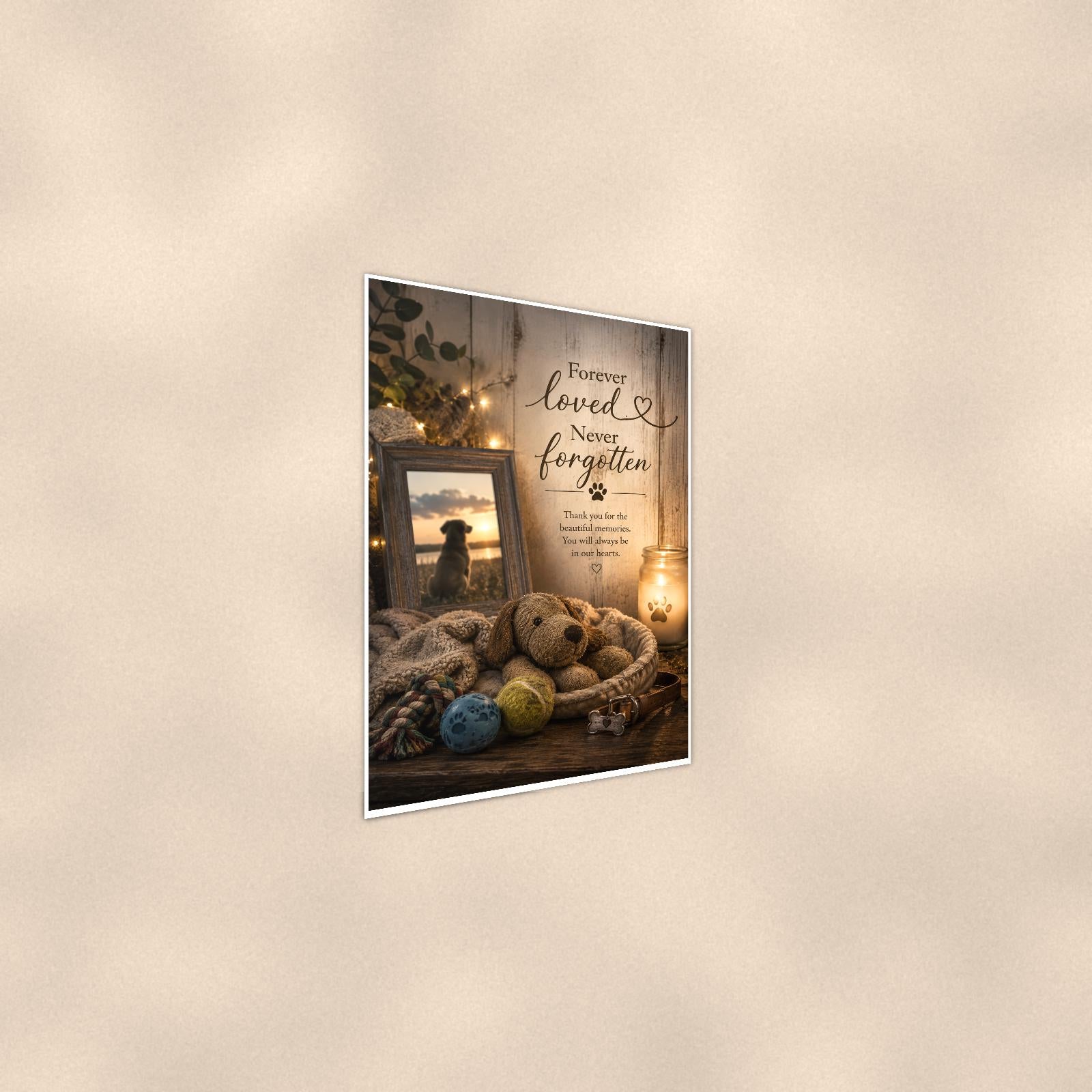 Dog memorial still life with framed photo memorial art titled "Forever loved. Never forgotten" on a 24x36 inch luster poster print with a clean white border, shown at a gentle angle from the other side