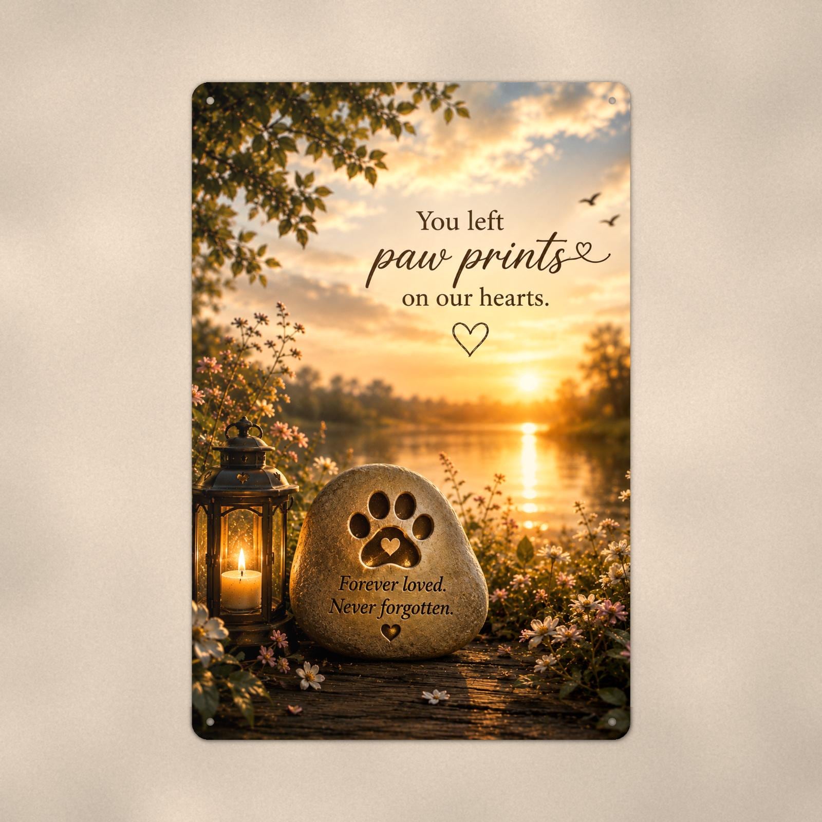 Paw print memorial stone by the lake memorial art titled "You left paw prints on our hearts" on a 8x12 inch sublimated aluminum sign with rounded corners and mounting holes, close-up view filling the frame, showing the smooth sublimated print surface