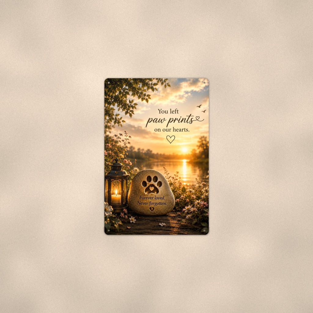 Paw print memorial stone by the lake memorial art titled "You left paw prints on our hearts" on a 8x12 inch sublimated aluminum sign with rounded corners and mounting holes, shown at mid-distance centered on a warm wall