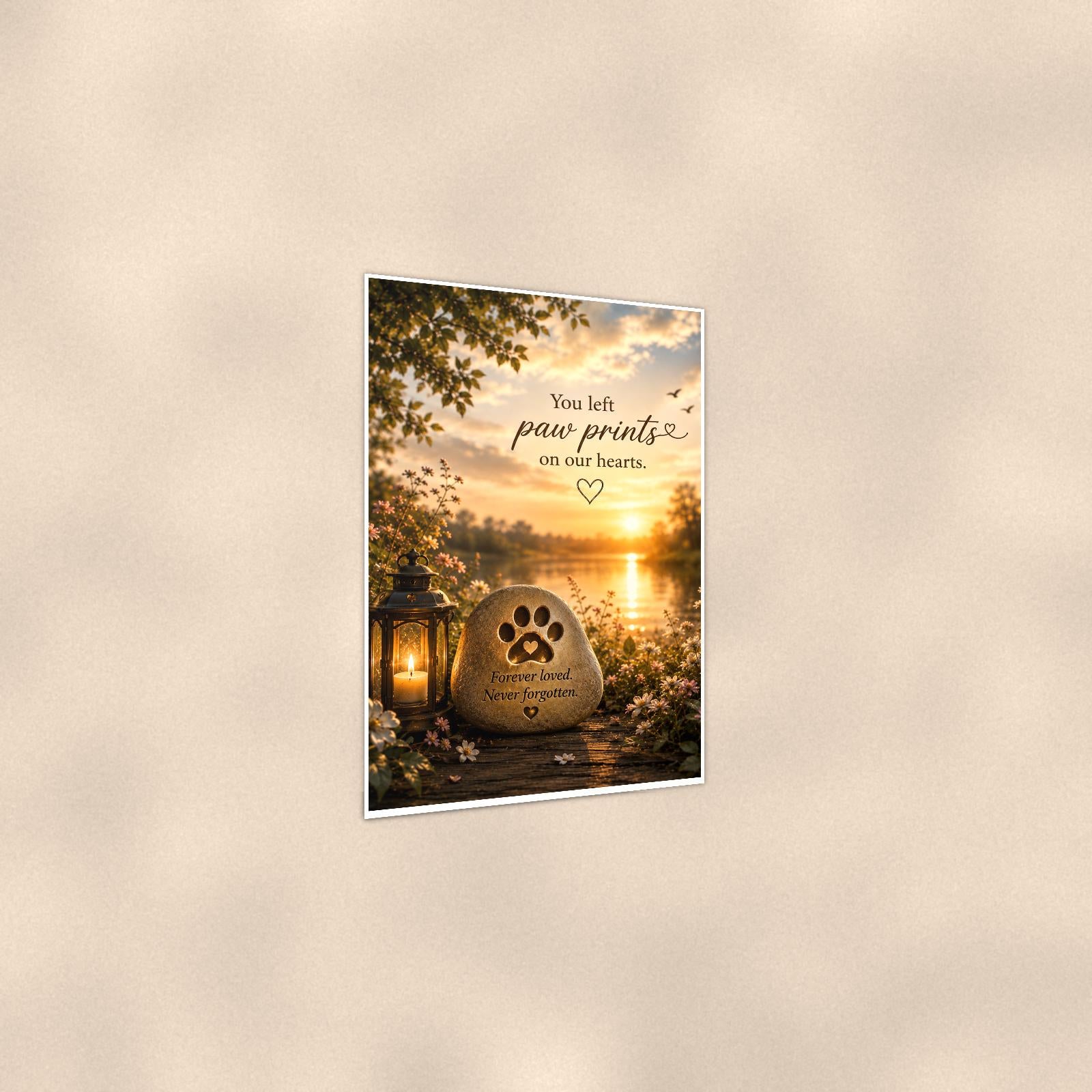 Paw print memorial stone by the lake memorial art titled "You left paw prints on our hearts" on a 24x36 inch luster poster print with a clean white border, shown at a three-quarter angle on the wall