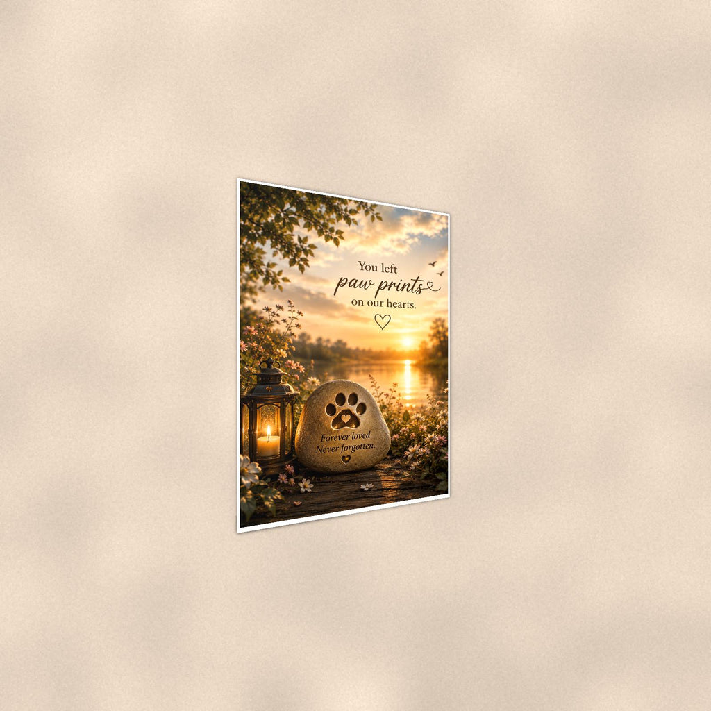 Paw print memorial stone by the lake memorial art titled "You left paw prints on our hearts" on a 24x36 inch luster poster print with a clean white border, shown at a gentle angle from the other side