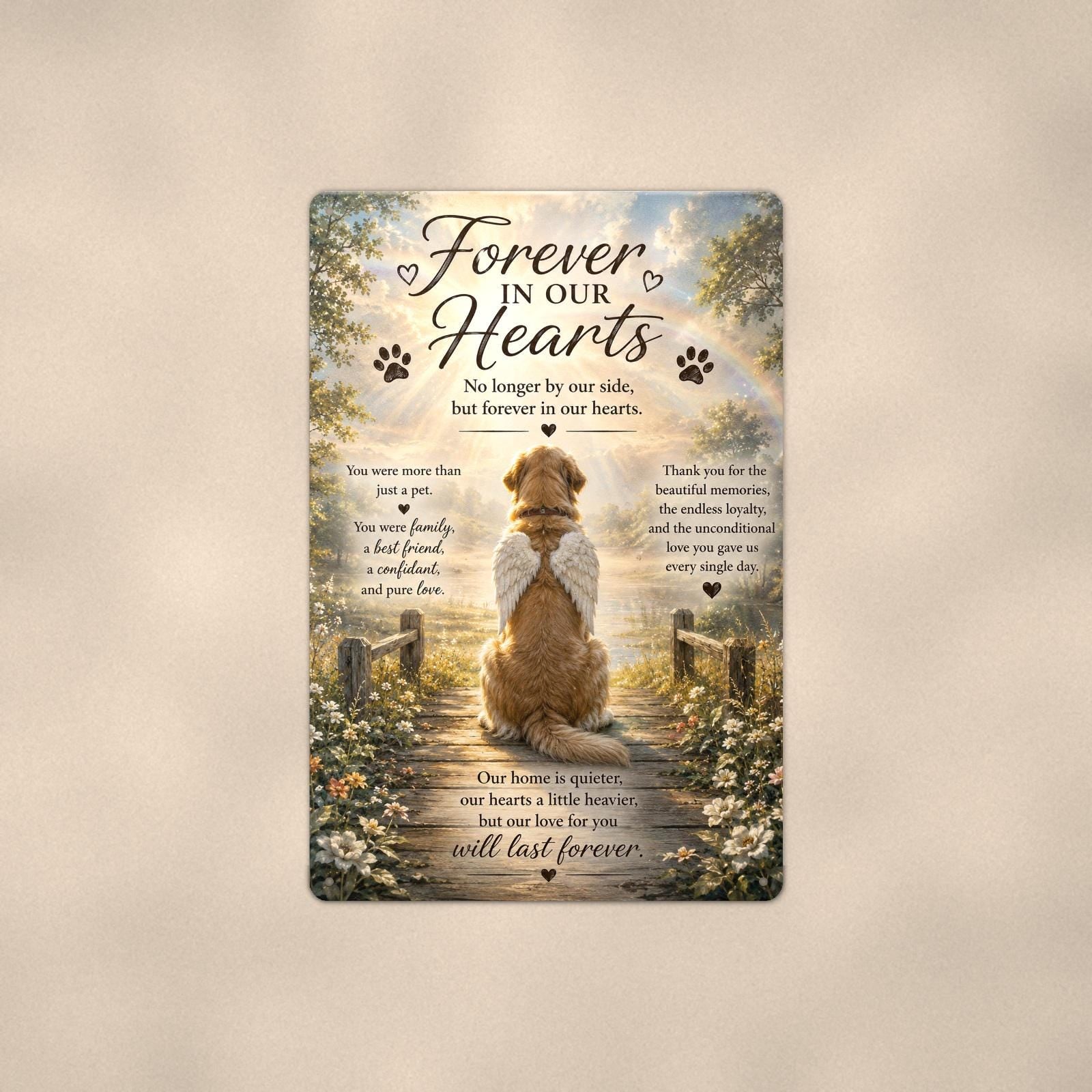 Golden retriever with angel wings memorial art titled "Forever In Our Hearts" on a 8x12 inch sublimated aluminum sign with rounded corners and mounting holes, shown straight on against a second warm wall tone