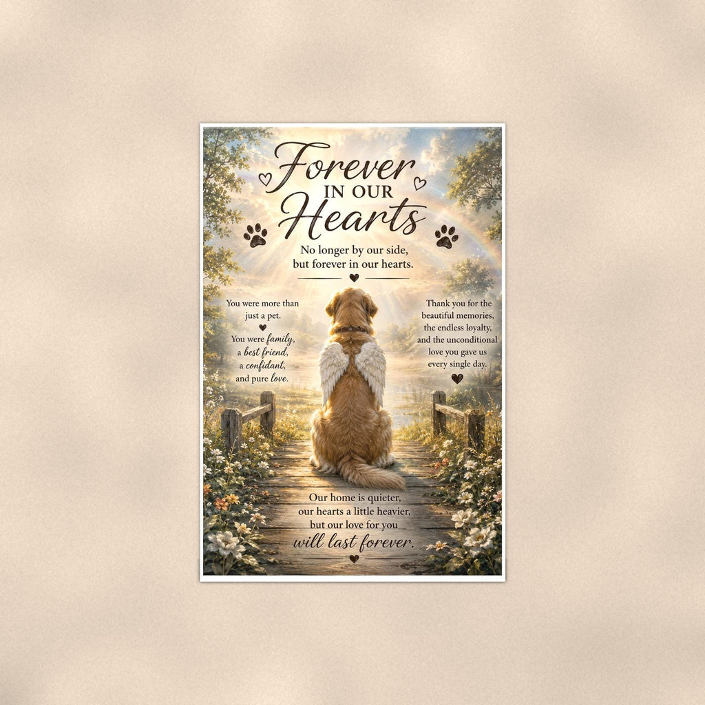 Golden retriever with angel wings memorial art titled "Forever In Our Hearts" on a 24x36 inch luster poster print with a clean white border, shown straight on against a warm neutral wall