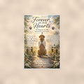 Golden retriever with angel wings memorial art titled "Forever In Our Hearts" on a 24x36 inch luster poster print with a clean white border, shown straight on against a warm neutral wall