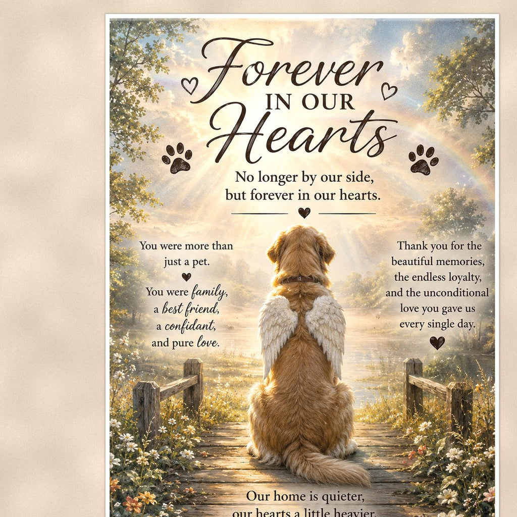Golden retriever with angel wings memorial art titled "Forever In Our Hearts" on a 24x36 inch luster poster print with a clean white border, close-up detail of the print filling the frame