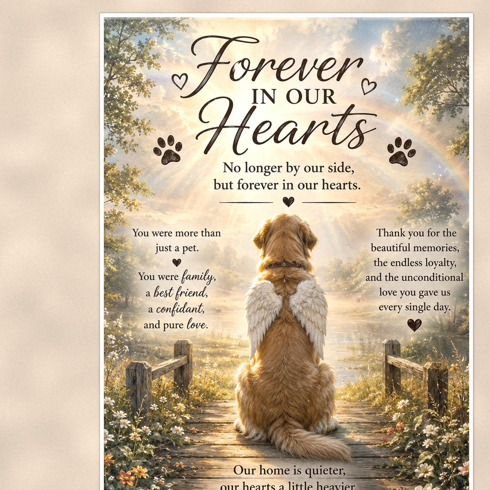 Golden retriever with angel wings memorial art titled "Forever In Our Hearts" on a 24x36 inch luster poster print with a clean white border, close-up detail of the print filling the frame
