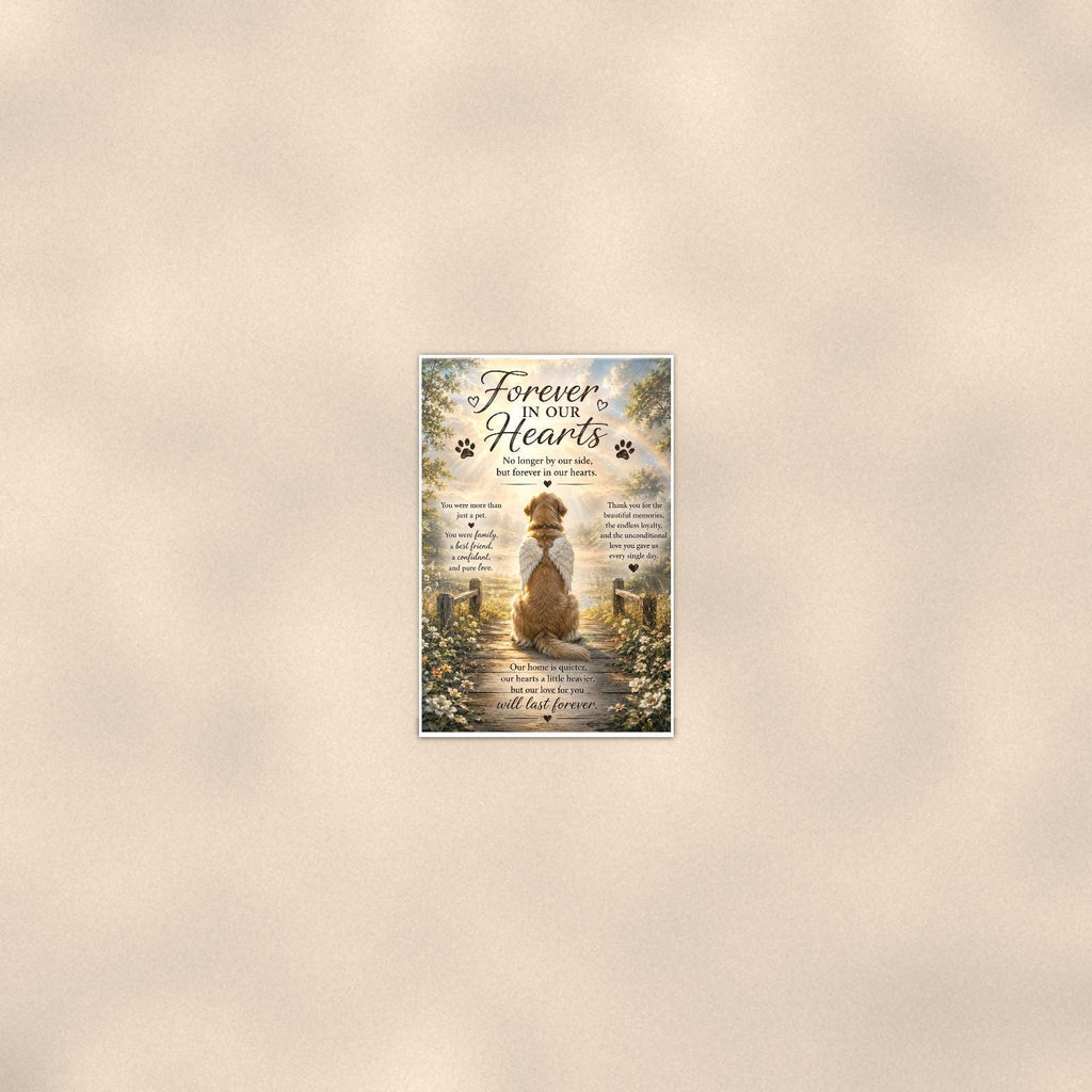 Golden retriever with angel wings memorial art titled "Forever In Our Hearts" on a 24x36 inch luster poster print with a clean white border, seen from farther back, small on a softly lit wall