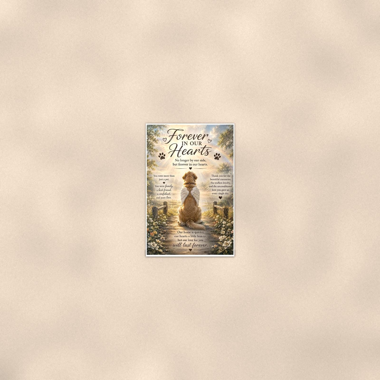 Golden retriever with angel wings memorial art titled "Forever In Our Hearts" on a 24x36 inch luster poster print with a clean white border, seen from farther back, small on a softly lit wall